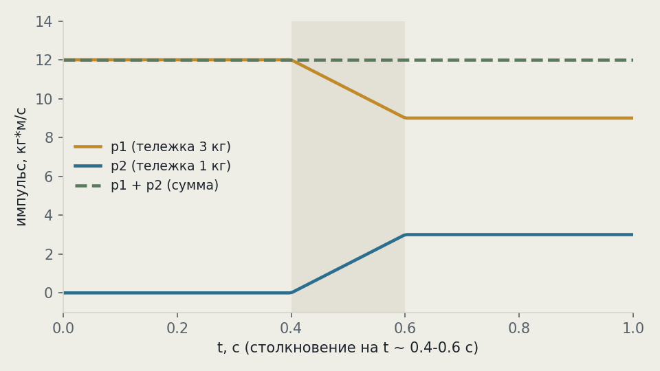 Momentum graph of two carts in an inelastic collision: p1 drops, p2 rises, the sum stays constant